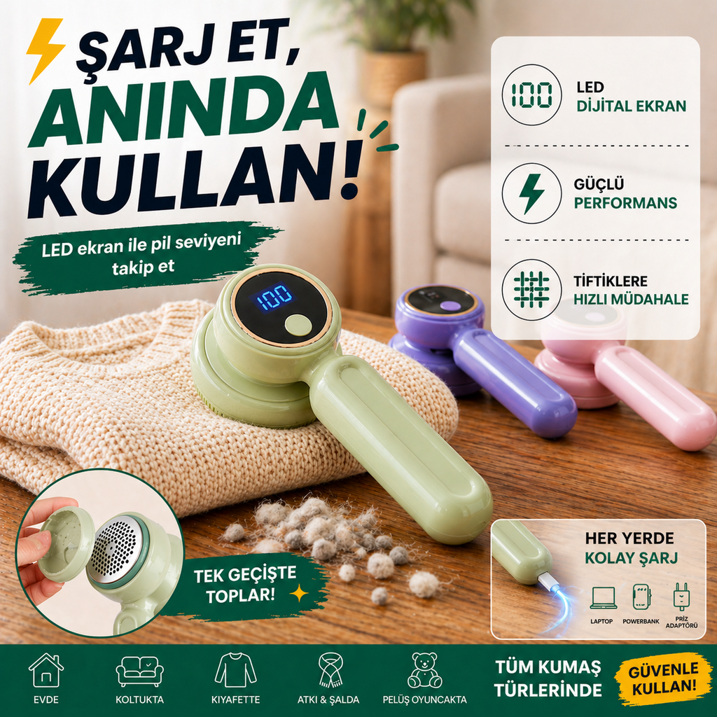 Şarj Göstergeli Tiftik Temizleme Aleti